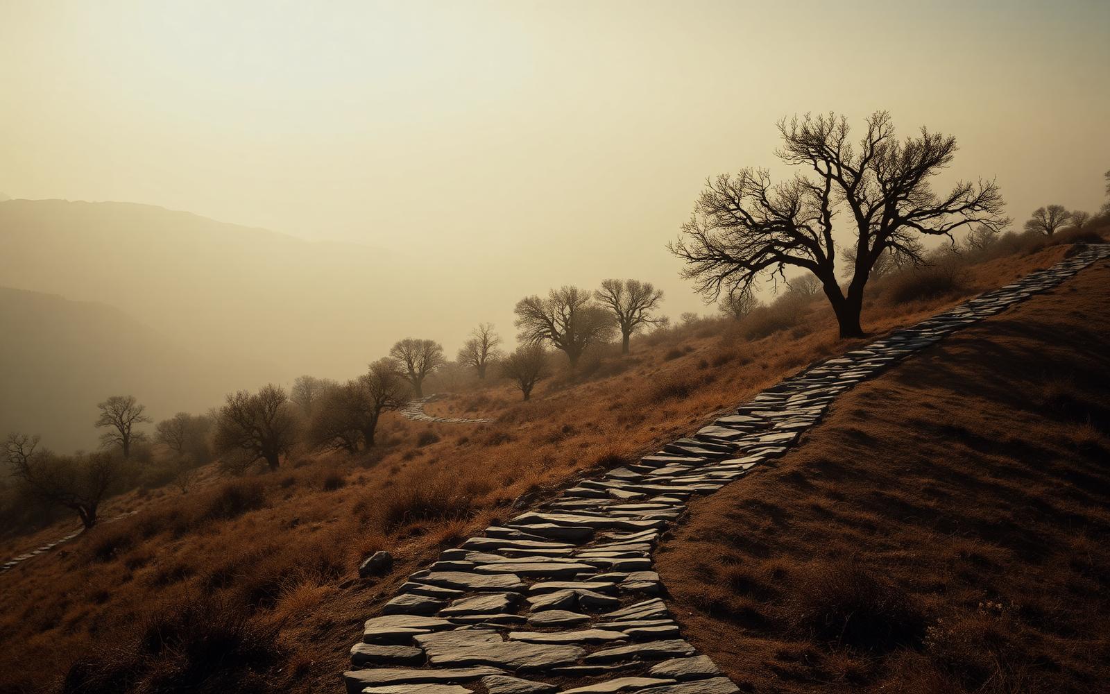 A road winding through cork oak forest in northern Alentejo at dawn