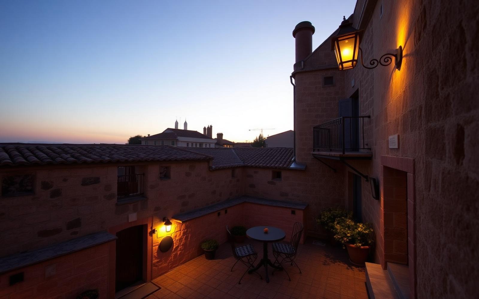 A quiet stone courtyard of a historic village inn in Castelo de Vide at dusk